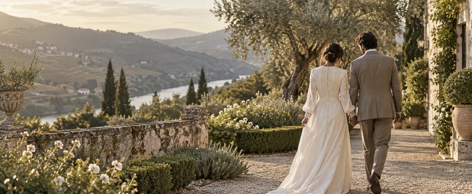 Casal de costas num jardim com vista para o Douro
